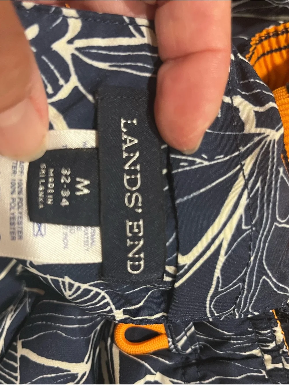 Lands' End Navy Blue Floral Swim Trunks with White Print and Orange Drawstring